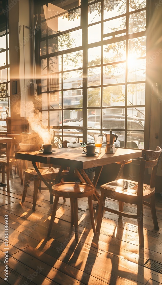 Poster A cozy coffee shop interior with warm wooden furniture, steaming mugs of coffee, and soft golden light filtering through large windows, creating an intimate and inviting setting