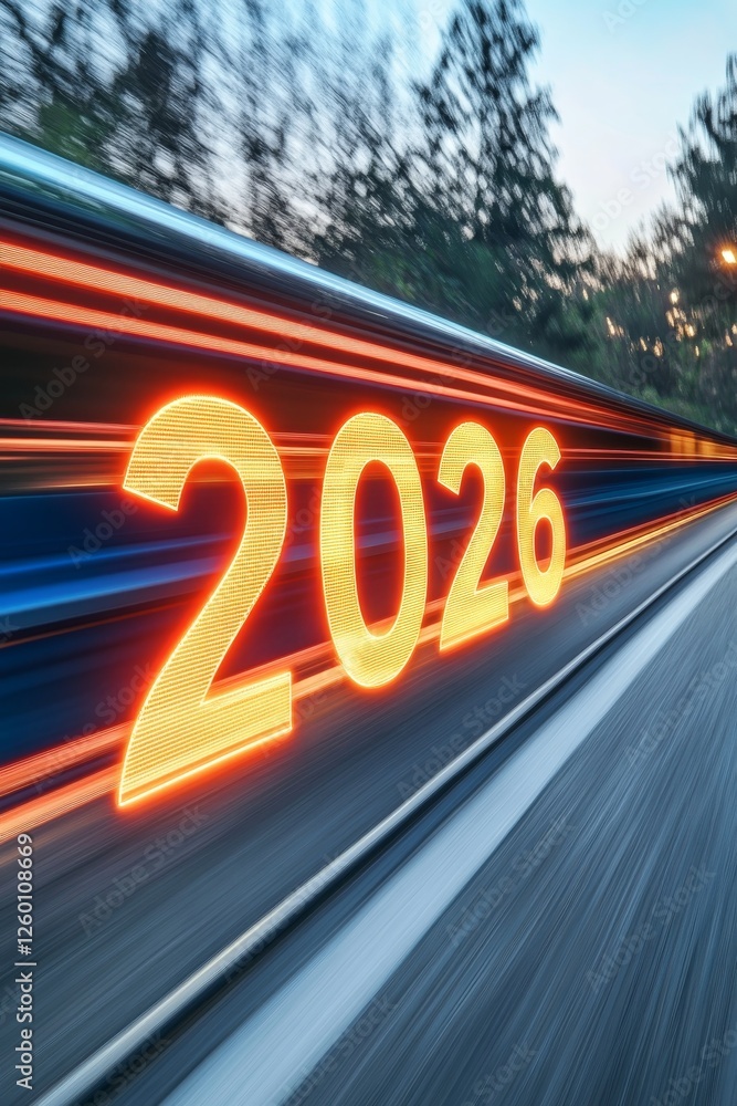 Aufkleber year 2026 in motion blur with glowing edges and bokeh effects, representing the future.