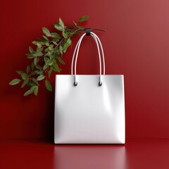 Elegant white bag displayed against a striking red background with foliage accent