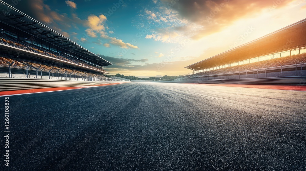 Poster an empty race track with smooth asphalt and surrounding stands, creating a dramatic effect of openne