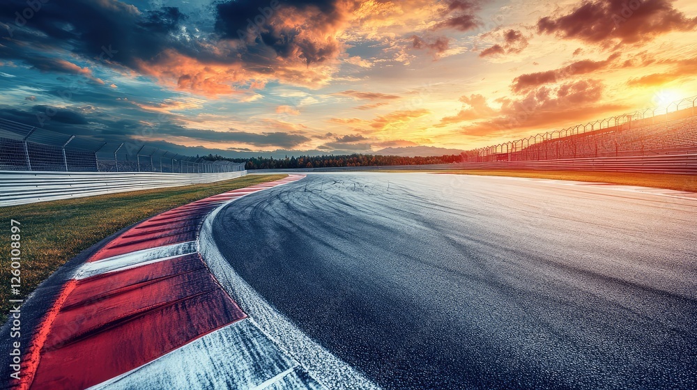 Poster an empty race track with smooth asphalt and surrounding stands, creating a dramatic effect of openne