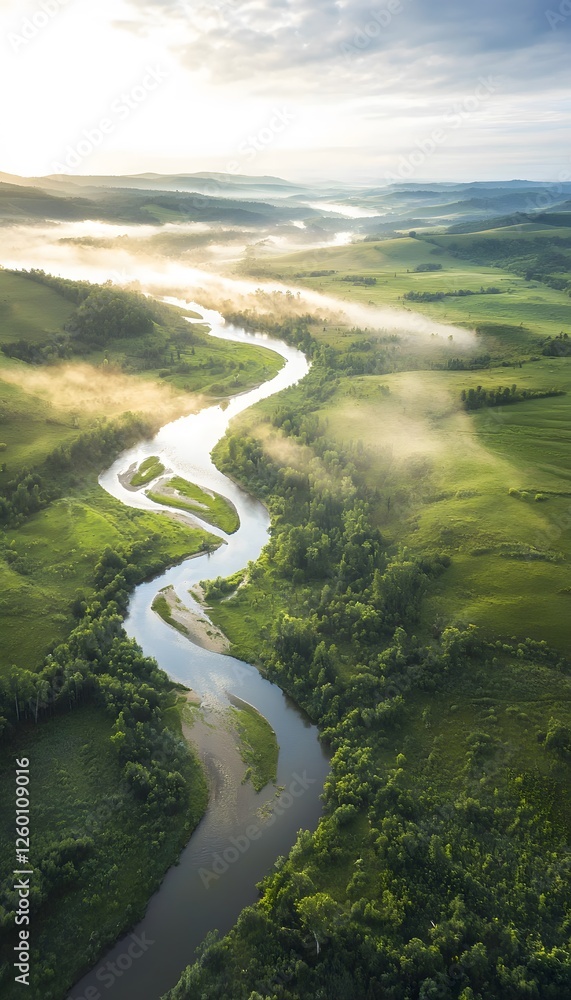 Poster a serene aerial view of a winding river snaking through lush green fields, with soft mist rolling ov