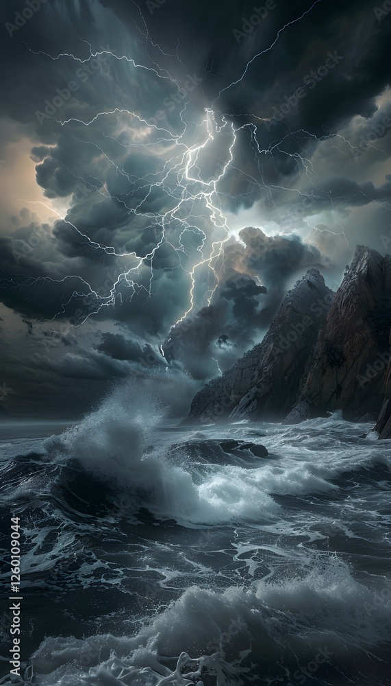 Poster a dramatic stormy ocean with towering waves crashing against a rugged coastline, illuminated by flas