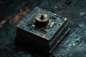 Antique wooden box with a metallic clockwork mechanism on top
