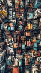 Fototapeta premium A dynamic aerial view of a densely packed urban neighborhood, with vibrant rooftops and winding streets bustling with activity