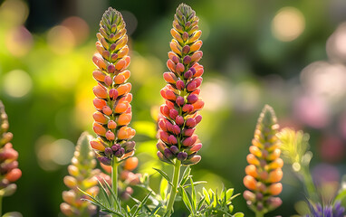 Vibrant Orange-Pink Lupine Flowers Blooming in Sunlight


