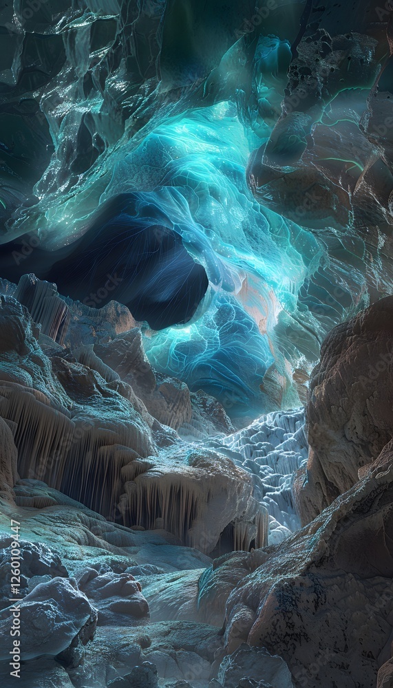Poster a surreal glowing cave with vibrant blue and green light emanating from intricate rock formations, c