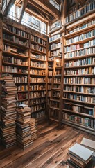 Obraz premium A cozy bookstore interior filled with tall wooden shelves, stacks of books, and soft ambient lighting creating a nostalgic and intimate atmosphere