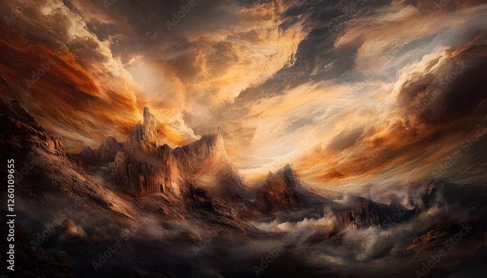 Poster a dramatic sunset over a canyon, with rugged red rock formations glowing in golden light, expansive 