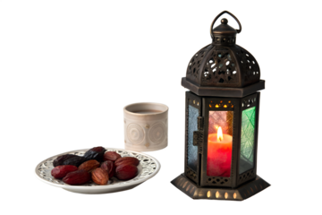 lantern with dried dates and a cup of tea