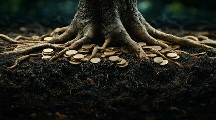 Golden Coins Surrounded by Roots of Ancient Tree in Forest Setting