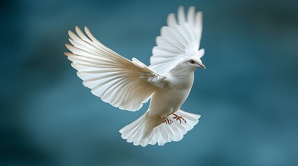 Obraz premium White dove in flight, peaceful sky background, hope symbol, spiritual imagery