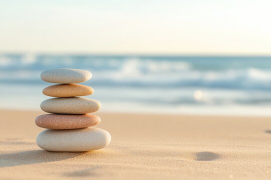 Stacked stones create balance on sandy beach with gentle ocean w