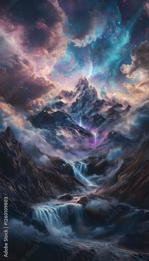 Poster A surreal dreamscape featuring floating mountains and cascading waterfalls glowing under a vibrant purple and teal aurora, creating a bold and abstract cinematic composition