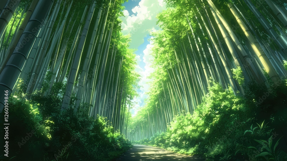 Poster a bamboo forest pathway with sun rays streaming through, creating a bright space for placing text or