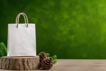 Elegant mockup of a white bag on a wooden slice with pinecones and greenery in a serene natural setting