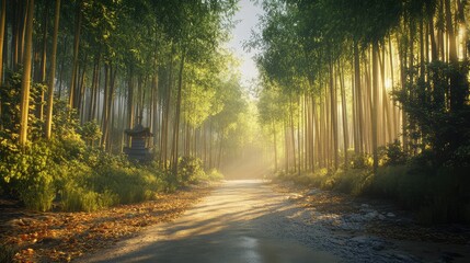 Obraz premium A bamboo forest illuminated by soft sunlight with an open, clean space perfect for adding text or logos.