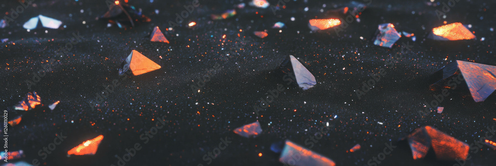 Aufkleber Black sand texture with angular obsidian shards reflecting light and creating highlights