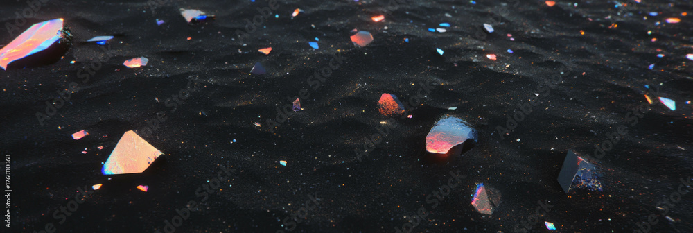 Aufkleber textured black sand with angular obsidian shards reflecting light beautifully