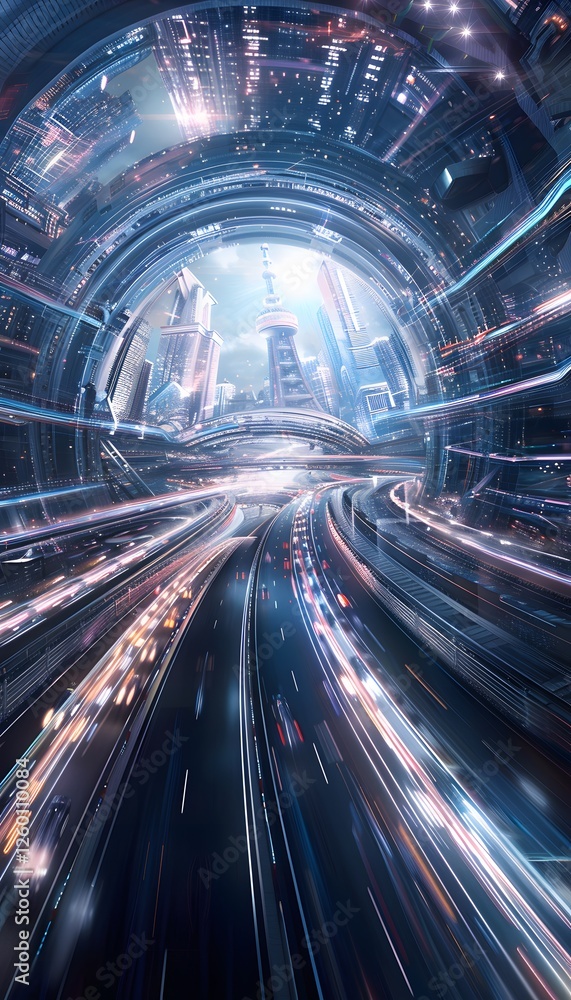 Poster a futuristic transportation hub with sleek architecture, glowing paths, and vibrant neon signage, fi