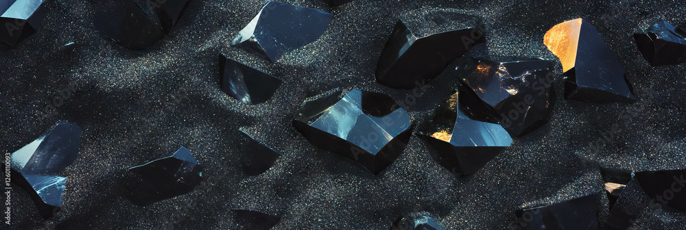 Poster Black sand with angular obsidian shards reflecting light on a textured surface