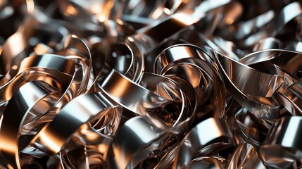 A heap of metallic shavings with intricate spirals and curls, scattered finely, smooth shiny reflections, photorealistic style