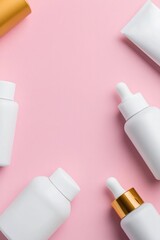 Obraz premium Minimalist arrangement of skincare bottles on soft pink backgrou