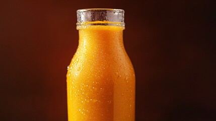 A clear glass bottle filled with carrot-orange smoothie, with condensation droplets visible, isolated against a deep mahogany background