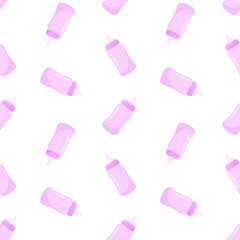 Purple baby bottles vector seamless pattern. Infant nutrition, newborn feeding, nursing background