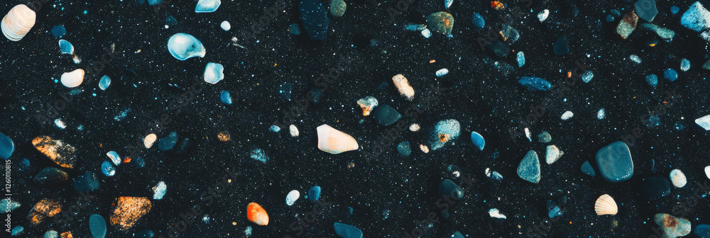 Poster black sand beach with scattered white shells creating a striking textural contrast