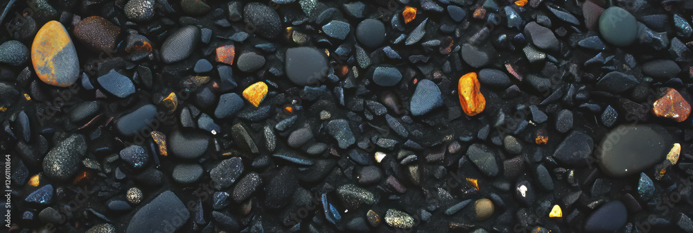 Poster exploring the unique texture of black sand with dark pebbles on a tranquil shore