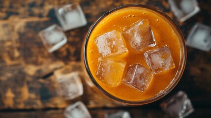 A close up of a thick carrot-orange smoothie with ice cubes floating on top, isolated on a rustic wooden surface