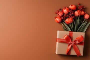 Royal blue tulips wrapped in a red ribbon create a stunning display against a deep honey-gold background