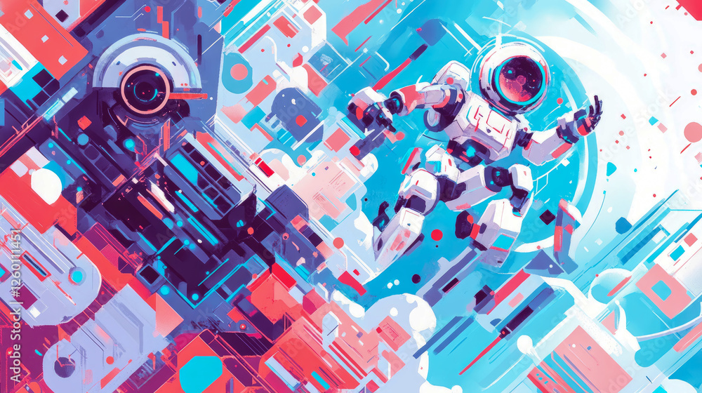 Poster astronaut floating in space with geometric patterns, futuristic exploration and cosmic flight, for p