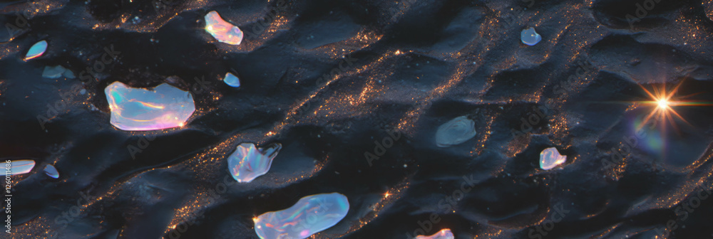 Poster exploring textured black sand with sparkling volcanic glass shards at twilight
