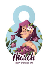 Happy Women's Day card design with cute young woman and flowers. Vector illustration for card, cover, poster, postcard.