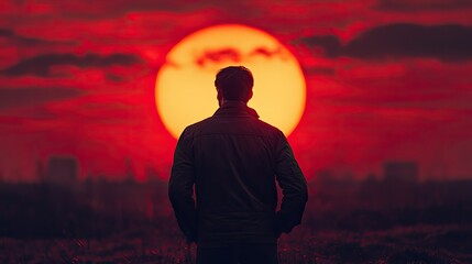 Fototapeta premium facing my faith silhouette of a man standing in front of the red sun