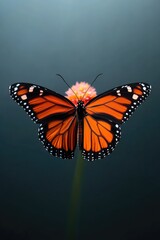 Fototapeta premium Vibrant butterfly with striking orange wings rests on delicate f