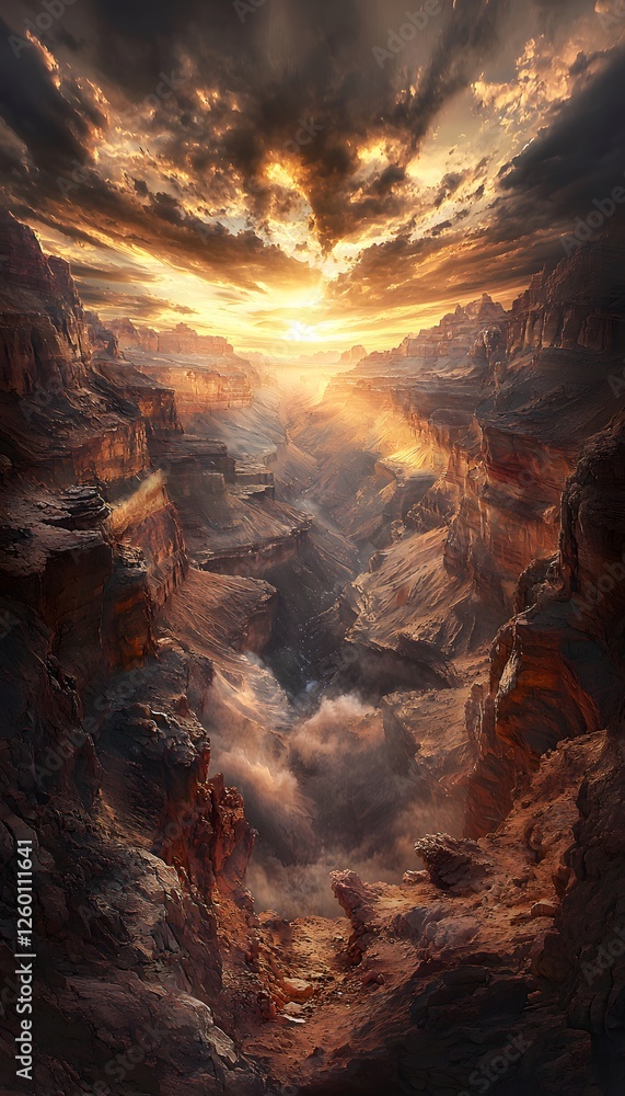 Poster hyper-realistic canyon glowing in golden light, intricate red rock textures highlighted under twilig