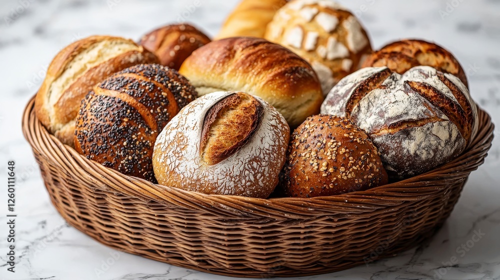 Poster a rustic basket brimming with artisan bread varieties, highlighting unique textures and flavors, add