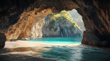 Hidden tropical beach seen from inside a cave, with turquoise water and lush cliffs bathed in sunlight. A paradise-like coastal escape. Generative AI.