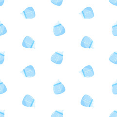 Blue baby bottles vector seamless pattern. Infant nutrition, newborn feeding, nursing background