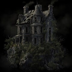 An old dilapidated mansion sits atop a rocky overgrown hill