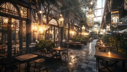 Fototapeta premium Retro-inspired caf scene at dusk, warm lantern light illuminating outdoor seating, rich vintage tones creating dynamic cinematic charm