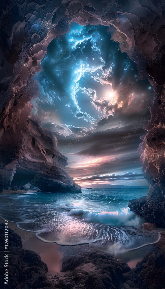 Poster surreal underwater cave illuminated by glowing bioluminescent coral, cinematic lighting creating dre