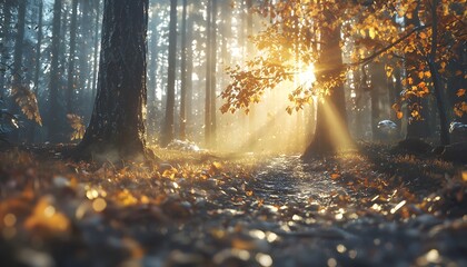 Rain-drenched forest trail, glowing autumn leaves illuminated by soft golden light, cinematic storytelling capturing serene natural vibrancy