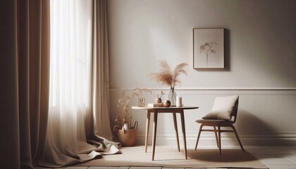 Minimalist table in a neutral room with white walls, there is a window in the room, it is covered with a curtain. Stylish minimalist interior design of a cozy room