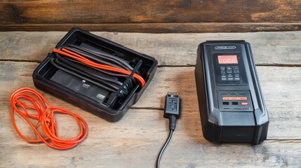 A car battery charger connected to a power source, with cables neatly arranged, leaving copy space.