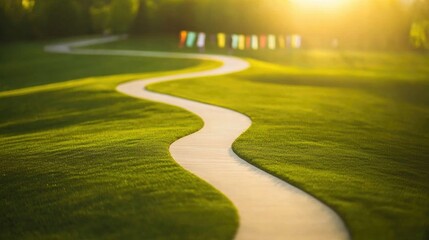 Curved pathway through lush green grass, illuminated by soft gol