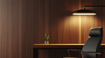 Modern office interior with wooden paneling, stylish desk, and a green plant under warm lighting